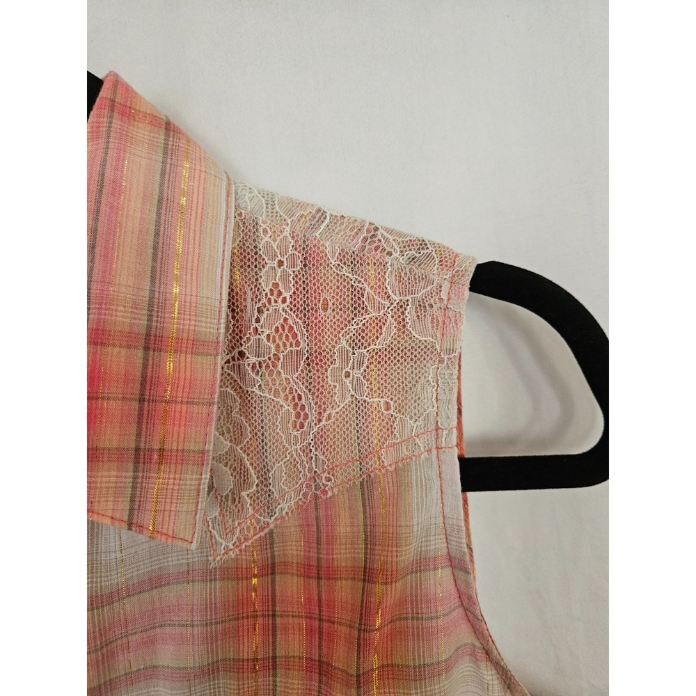 Wrangler Pearl Snap Button Down Plaid Sleeveless Lace Women's Size Med Top - Picture 4 of 8